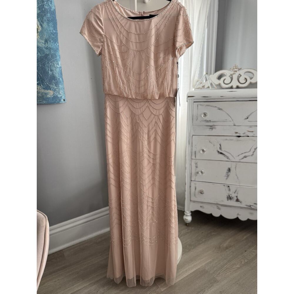 $209 Adrianna Papell Women Pink Beaded Short Sleeve A-Line Gown Dress Size US 8